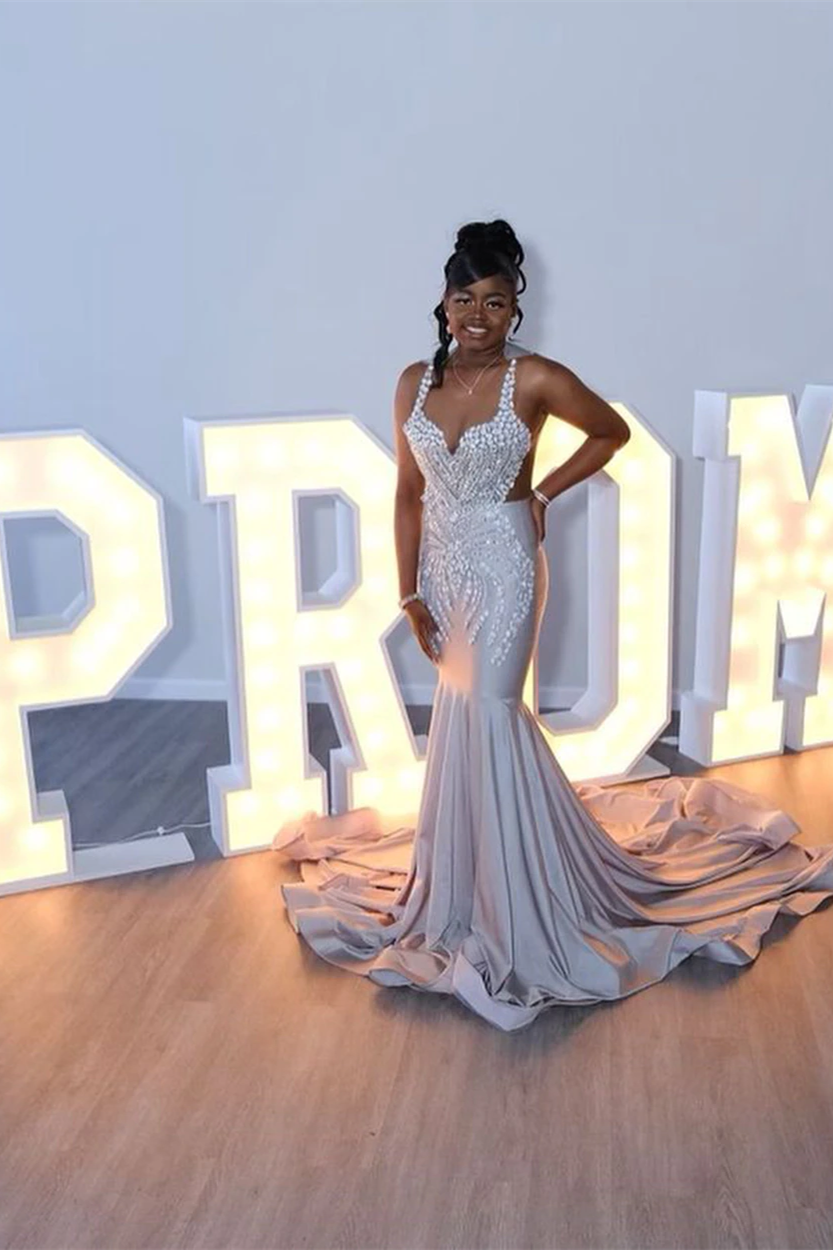 Sliver Spaghetti Strap Sleeveless Mermaid Prom Dress Trumpet With Flower Appliques
