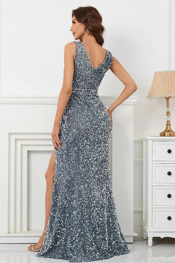 Sliver V Neck Mermaid Sleeveless Prom Dress With Split Sequins