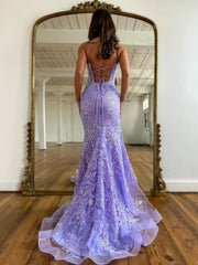 Spaghetti Strap Backless Sleeveless Mermaid Long Prom Dress With Appliques