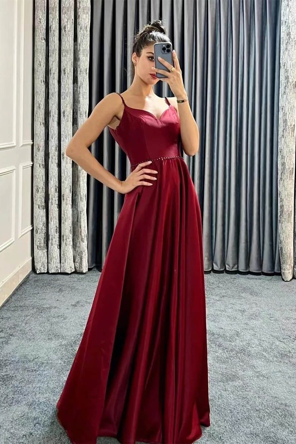 Spaghetti Strap Long A Line Sleeveless Sweetheart Prom Dress With Beadings