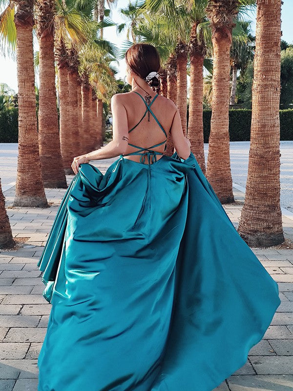 Spaghetti Strap Sleeveless Backless Dark Green A Line Prom Dress With Split