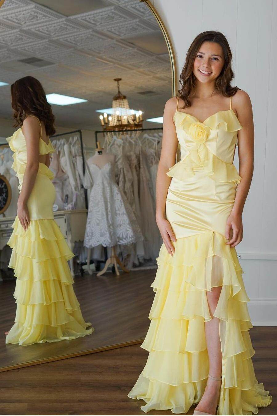 Spaghetti Strap Sleeveless Backless Long Prom Dress With Ruffles