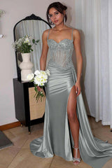 Spaghetti Strap Sleeveless Split Long Mermaid Prom Dress With Appliques