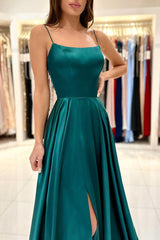 Spaghetti Strap Split Simple Long Prom Dress Green A Line
