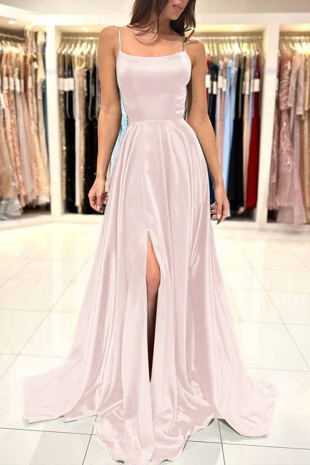Spaghetti Strap Split Simple Long Prom Dress Green A Line