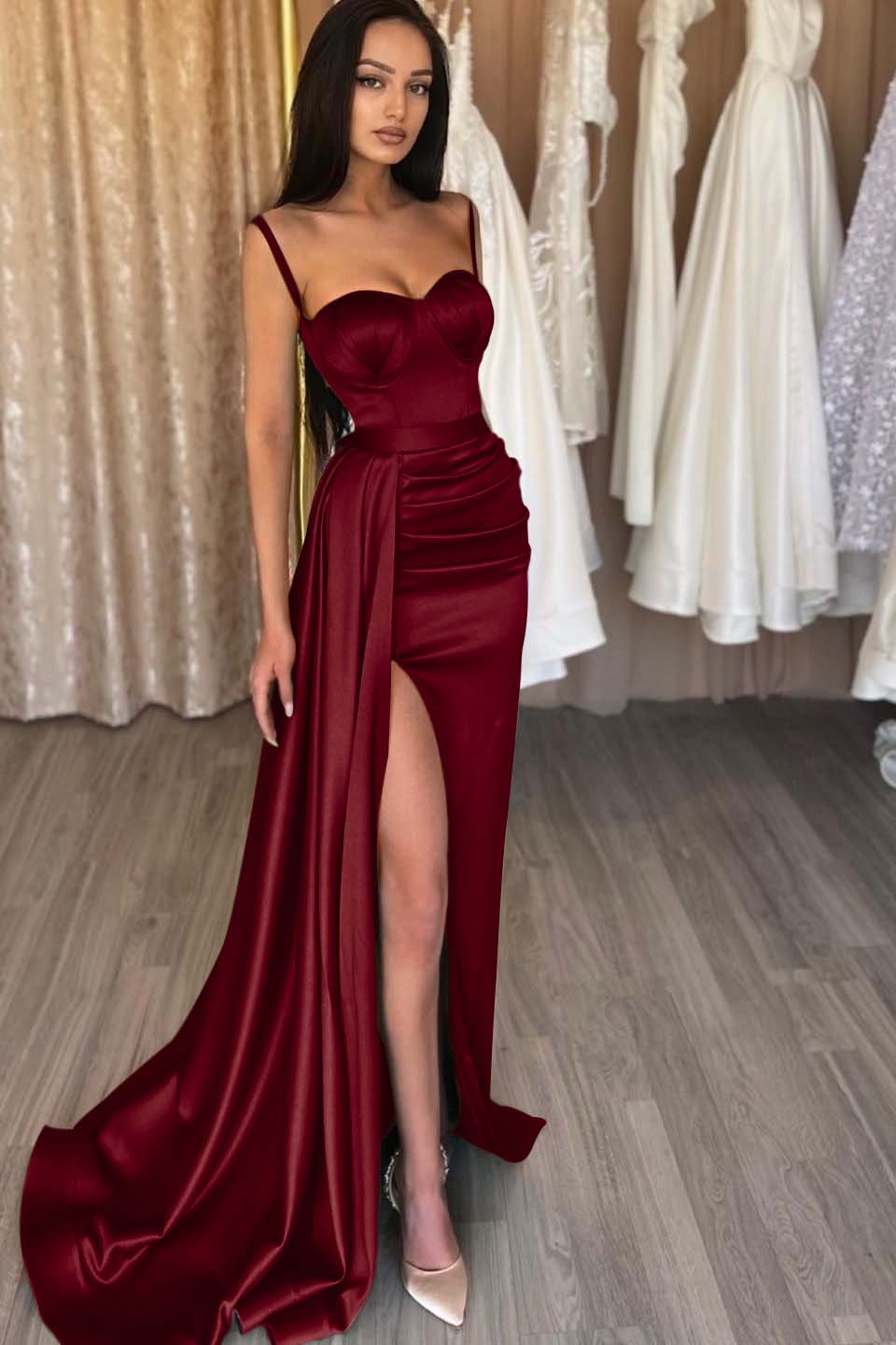 Spaghetti Strap Sweetheart Sage Mermaid Prom Dress With Split