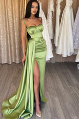 Spaghetti Strap Sweetheart Sage Mermaid Prom Dress With Split
