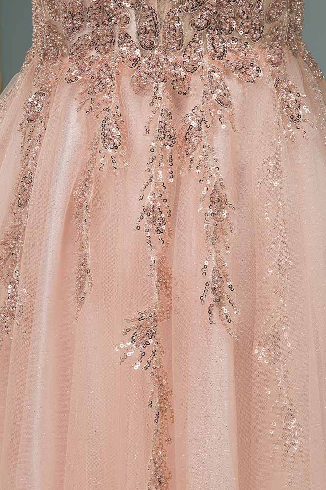 Spaghetti Strap V Neck Sleeveless Prom Dress With Beading Appliques