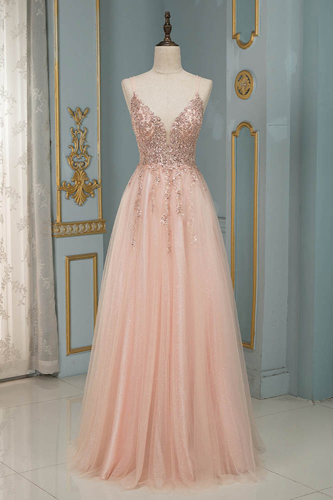 Spaghetti Strap V Neck Sleeveless Prom Dress With Beading Appliques