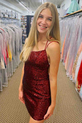 Spaghetti Straps Burgundy Sequined Short Party Dress-27dress
