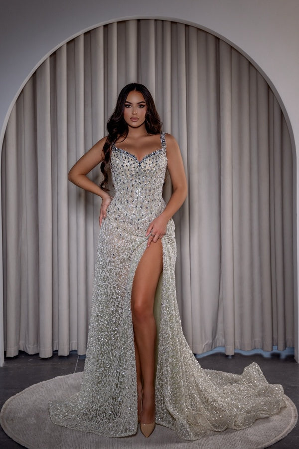 27DRESS Spaghetti Straps Formal Sequined Evening Dresses with Beaded and Split