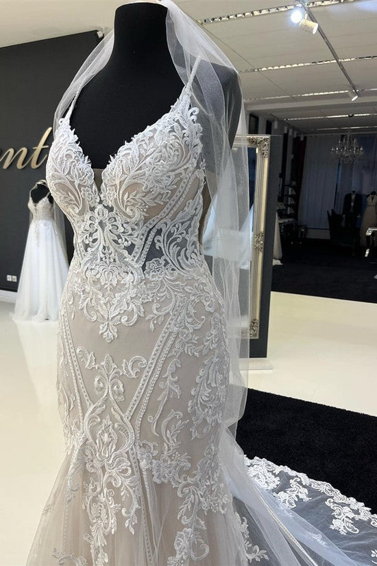 Spaghetti-Straps Lace Wedding Dress Mermaid Sleeveless-27dress