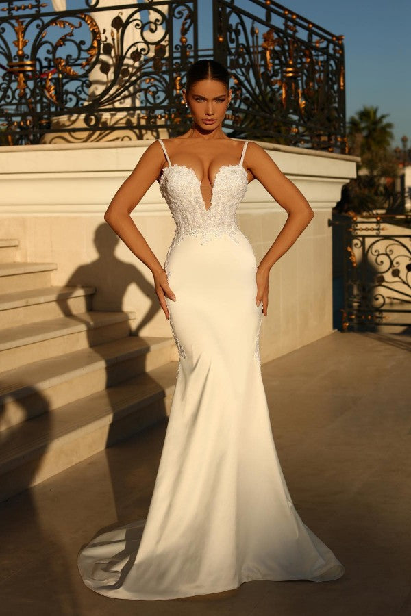 Spaghetti-Straps Lace Wedding Dress Mermaid Sleeveless Online-27dress