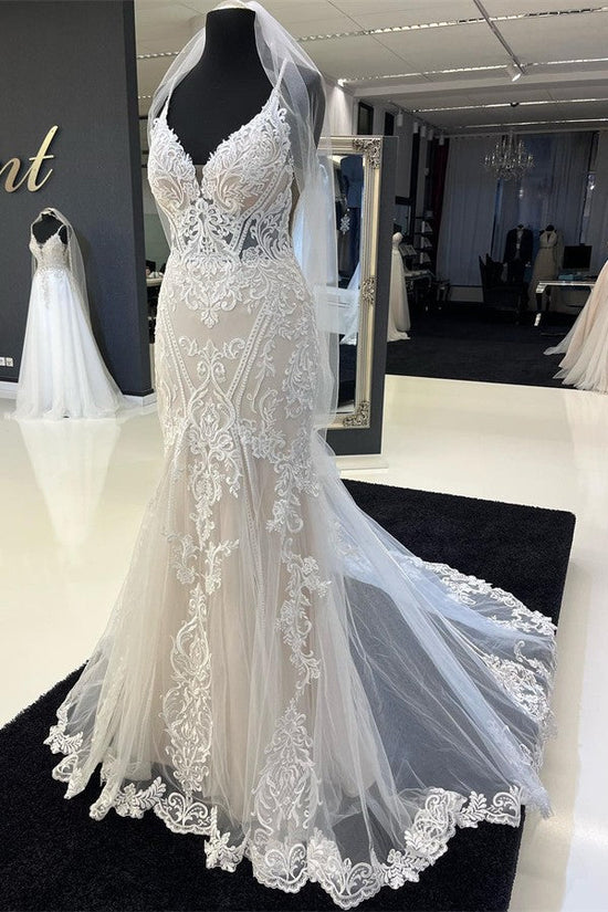 Spaghetti-Straps Lace Wedding Dress Mermaid Sleeveless-27dress