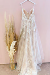 Spaghetti-Straps Lace Wedding Dress Sleeveless With Lace Appliques-27dress