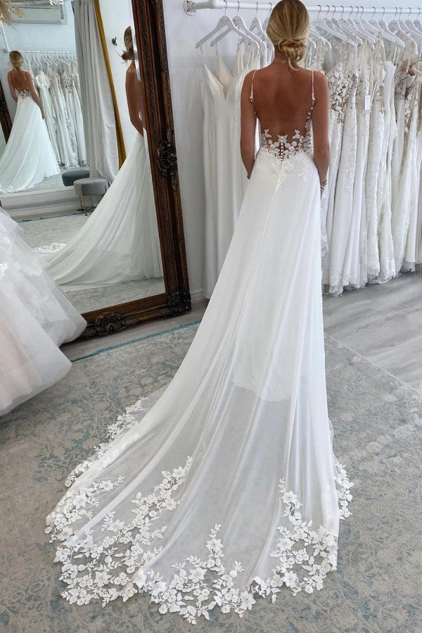 Spaghetti-Straps Open Back Wedding Dress Sleeveless With Appliques-27dress