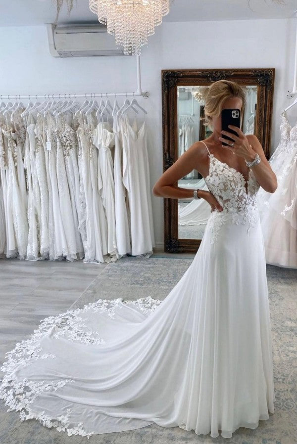 Spaghetti-Straps Open Back Wedding Dress Sleeveless With Appliques-27dress