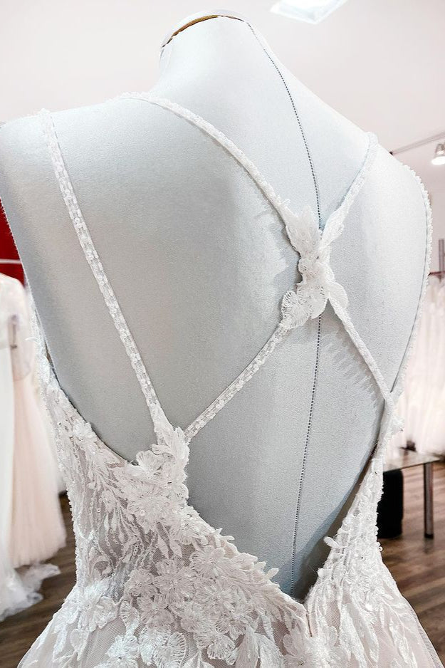 Spaghetti Straps Tulle V Neck Ivory Ruffles Wedding Dresses With Lace-27dress