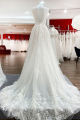 Spaghetti Straps V Neck Tulle Ivory Lace A-Line Wedding Dresses-27dress