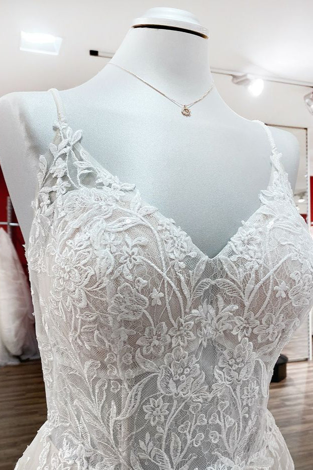 Spaghetti Straps V Neck Tulle Ivory Lace A-Line Wedding Dresses-27dress
