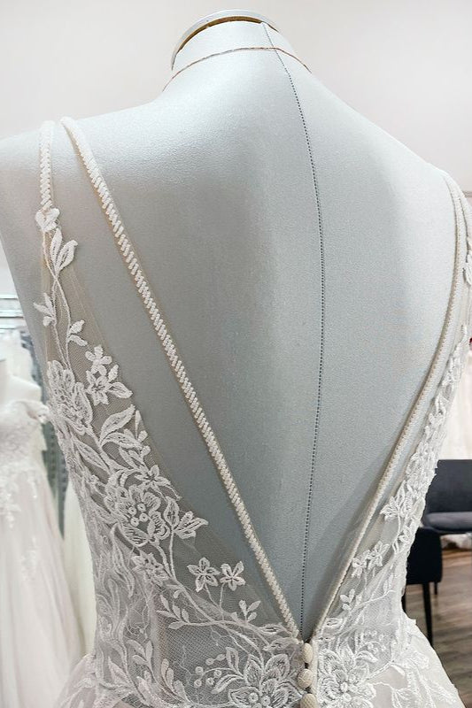 Spaghetti Straps V Neck Tulle Ivory Lace A-Line Wedding Dresses-27dress