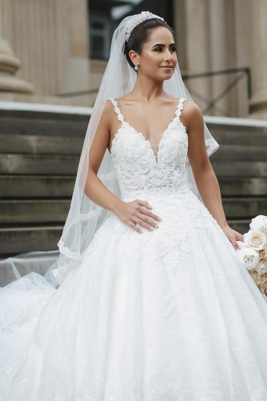 Spaghetti-Straps V-Neck Wedding Dress Lace Ball Gown-27dress
