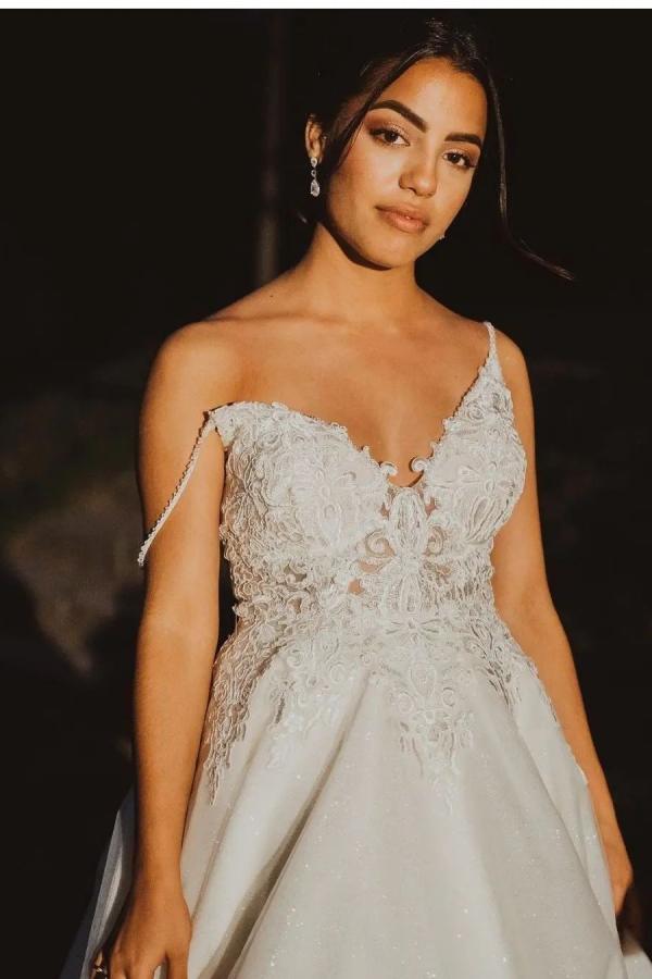 Spaghetti-Straps V-Neck Wedding Dress Lace Sleeveless A-Line-27dress