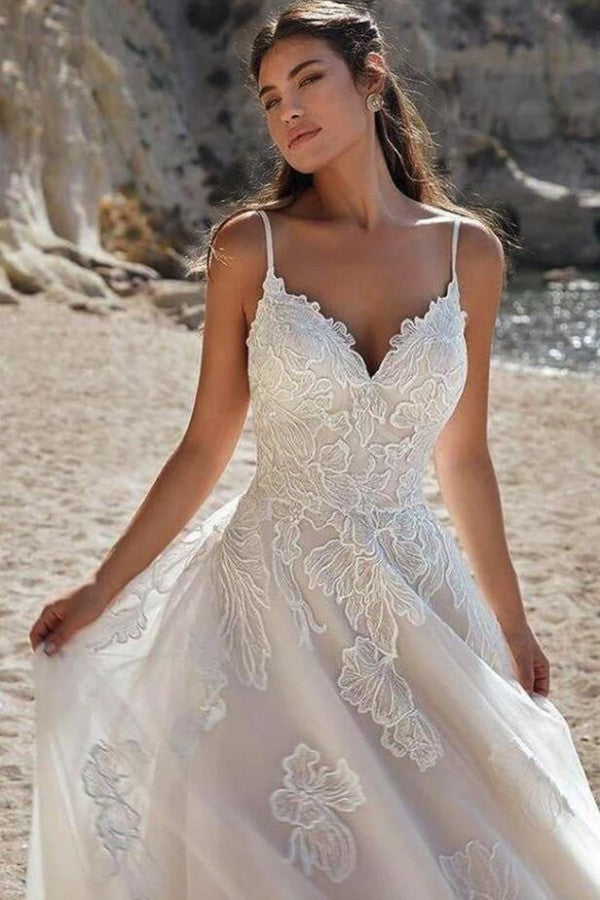 Spaghetti-Straps Wedding Dress Sleeveless V-Neck With Appliques-27dress