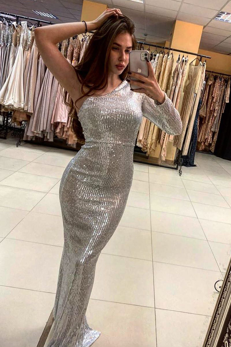 Sparkly Mermaid One Shoulder Silver Long Prom Dress with Slit