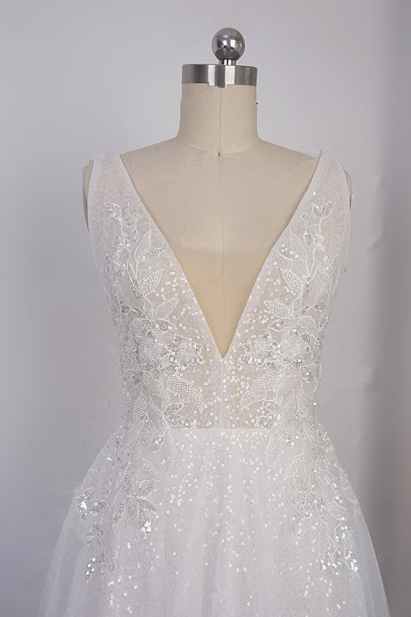 Sparkly Sequined V-Neck Wedding Dress Tulle Sleeveless Beadings Bridal Gowns On Sale-27dress