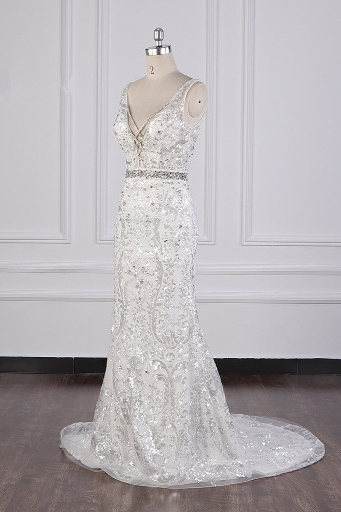 Sparkly Sequins Straps V-Neck Wedding Dress Beadings Sleeveless Bridal Gowns with Sash On Sale-27dress