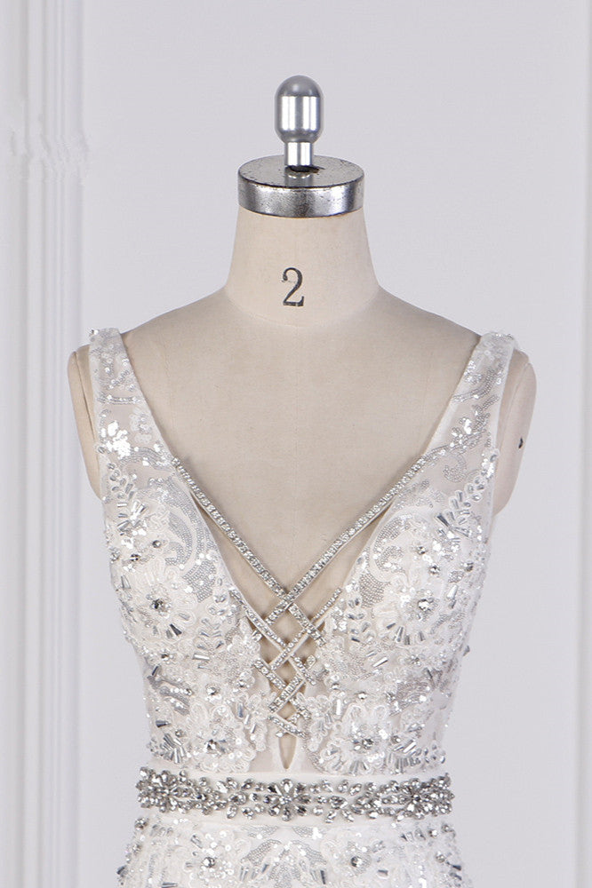 Sparkly Sequins Straps V-Neck Wedding Dress Beadings Sleeveless Bridal Gowns with Sash On Sale-27dress