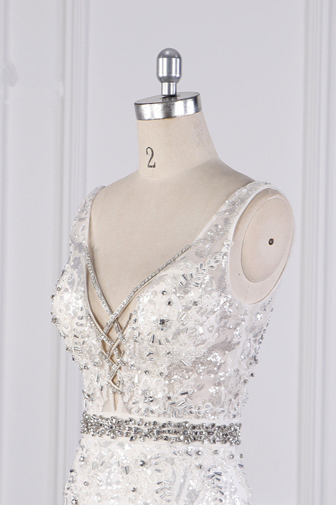 Sparkly Sequins Straps V-Neck Wedding Dress Beadings Sleeveless Bridal Gowns with Sash On Sale-27dress