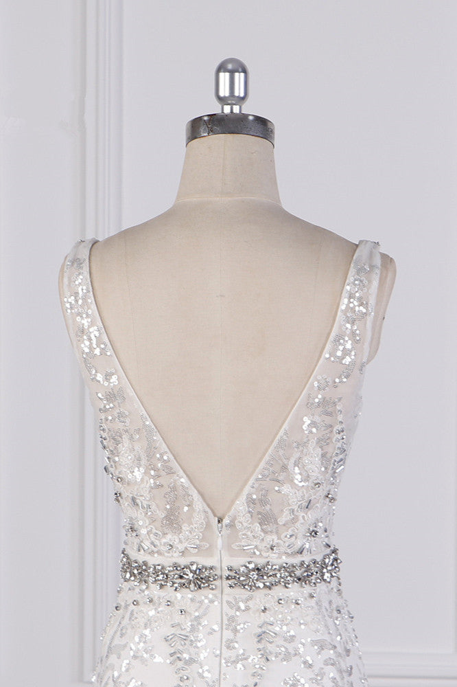 Sparkly Sequins Straps V-Neck Wedding Dress Beadings Sleeveless Bridal Gowns with Sash On Sale-27dress