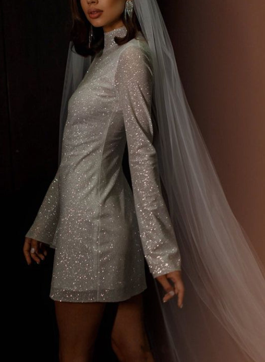 Sparkly Short Sheath High Neck Sequined Wedding Dresses with Sleeves-27dress