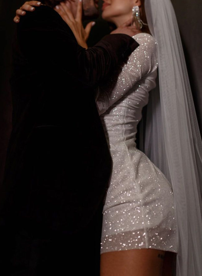Sparkly Short Sheath High Neck Sequined Wedding Dresses with Sleeves-27dress