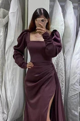 Square Neck Long Mermaid Puff Sleeves Pleated Prom Dress With Side Split