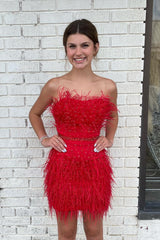 Strapless Blue Feathers Sheath Homecoming Dress with Belt-27dress
