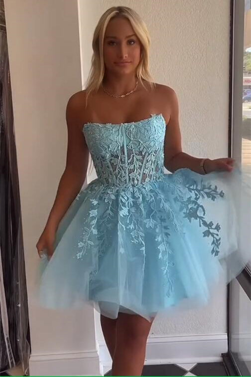 Strapless Hot Pink A-Line Short Party Dress with Appliques
