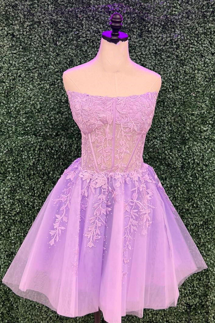 Strapless Hot Pink A-Line Short Party Dress with Appliques