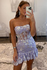 Strapless Lavender Sequin Appliques Homecoming Dress with Ruffle-27dress