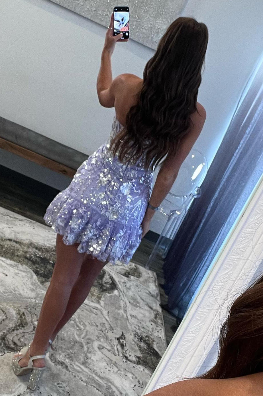 Strapless Lavender Sequin Appliques Homecoming Dress with Ruffle-27dress