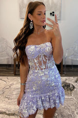 Strapless Lavender Sequin Appliques Homecoming Dress with Ruffle-27dress
