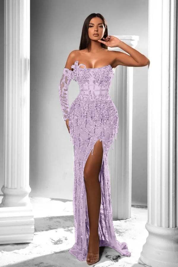 Strapless Long Sleeve High Split Long Prom Dress With Appliques