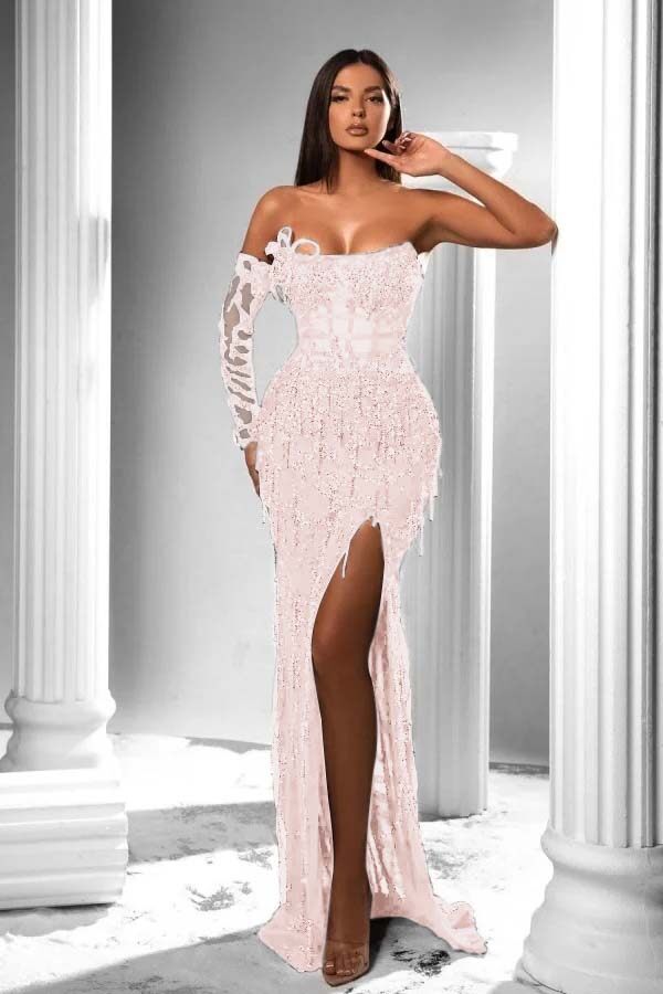 Strapless Long Sleeve High Split Long Prom Dress With Appliques