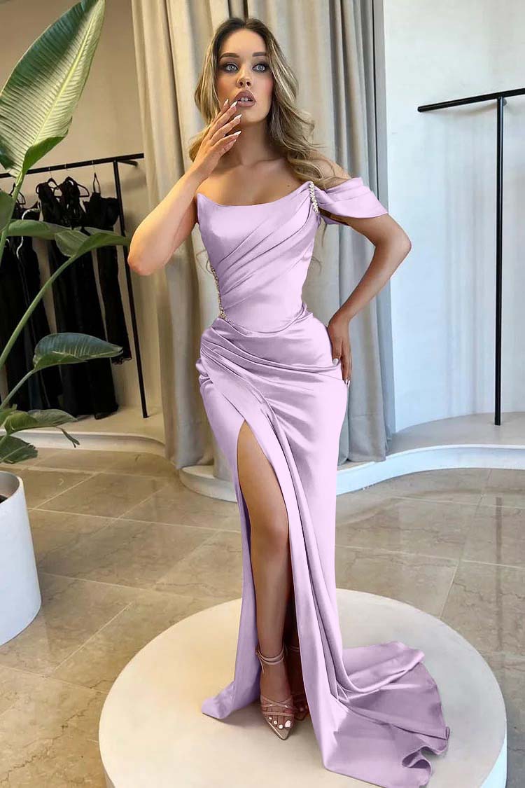 Strapless One Shoulder Long Mermaid Prom Dress With Split Beading