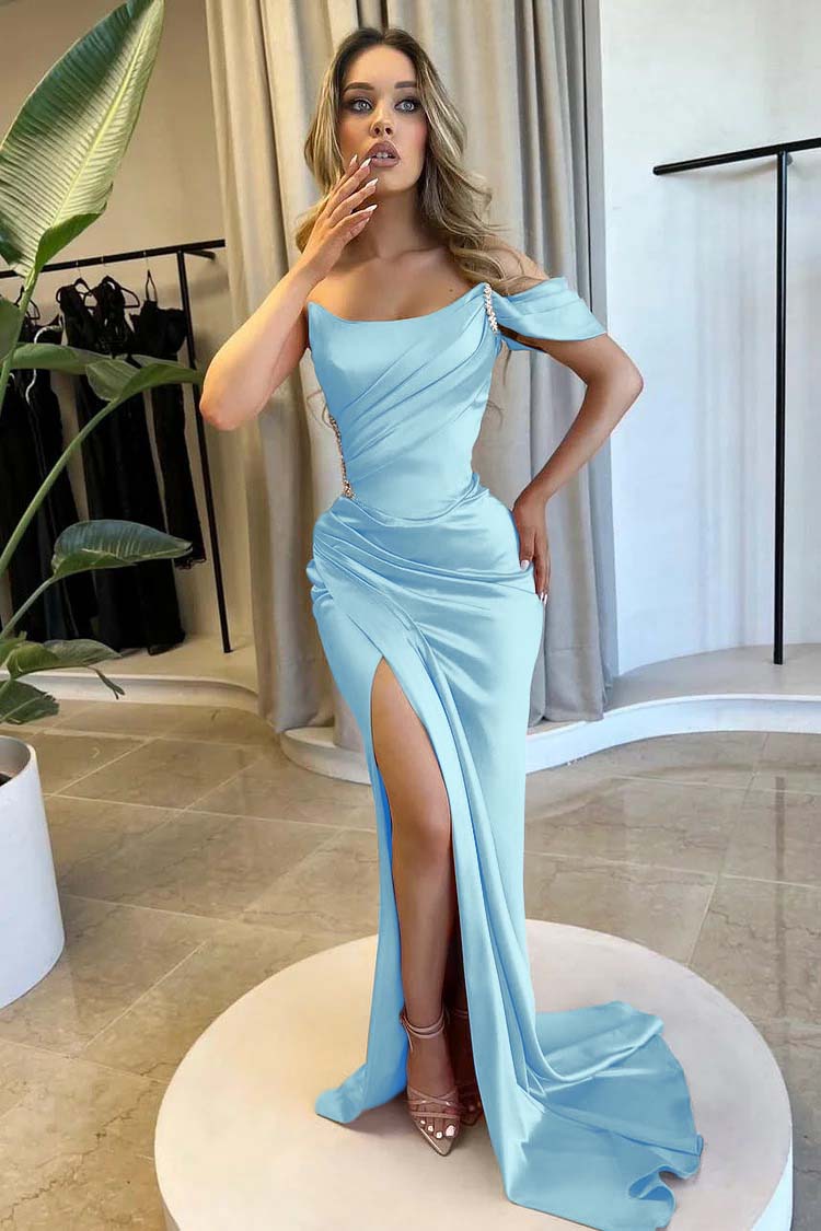 Strapless One Shoulder Long Mermaid Prom Dress With Split Beading