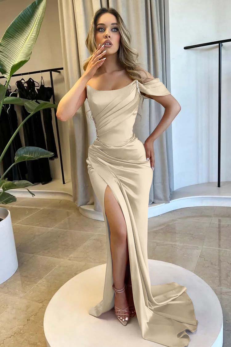 Strapless One Shoulder Long Mermaid Prom Dress With Split Beading