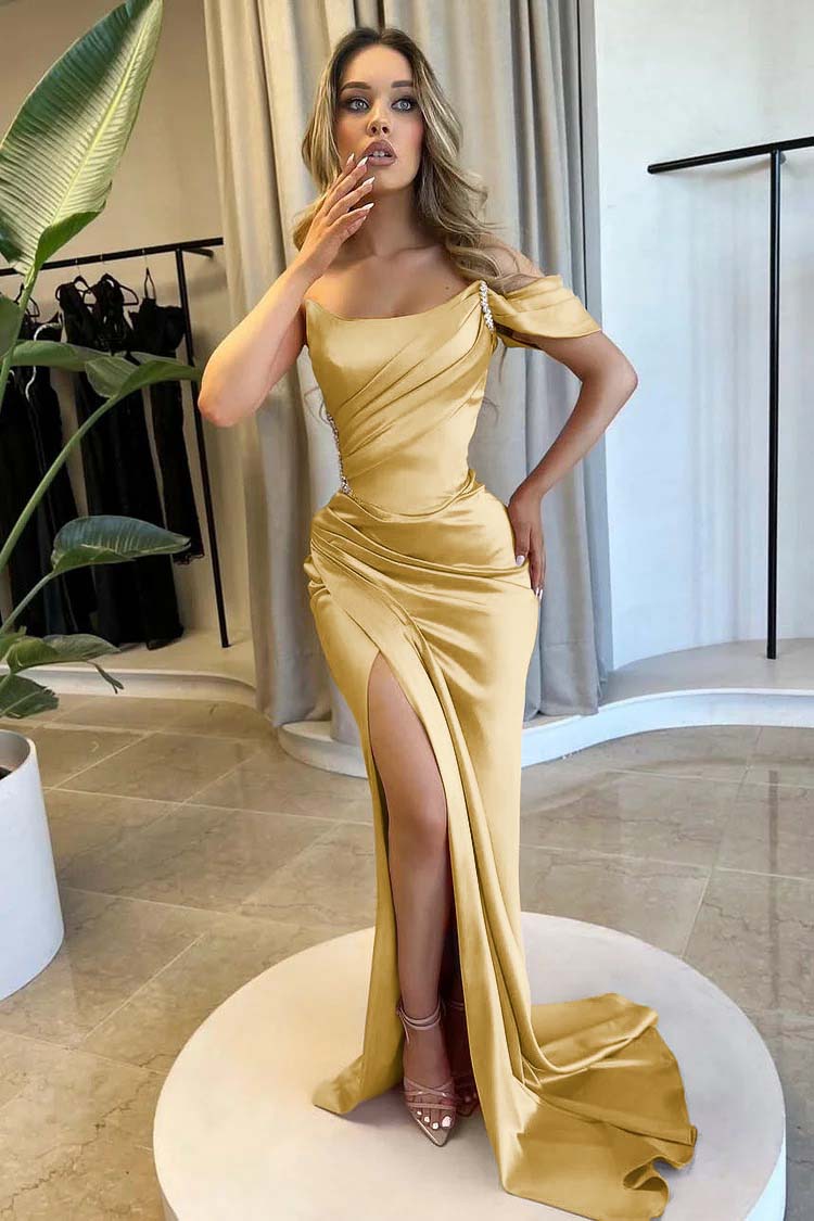 Strapless One Shoulder Long Mermaid Prom Dress With Split Beading