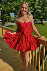 Strapless Pink Tiered A-line Short Party Dress with Bow-27dress